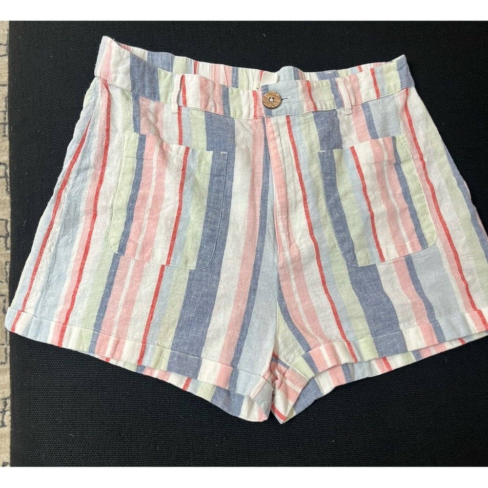 Roxy Women's Striped Chino Shorts M Mid Rise Pockets Button Closure
